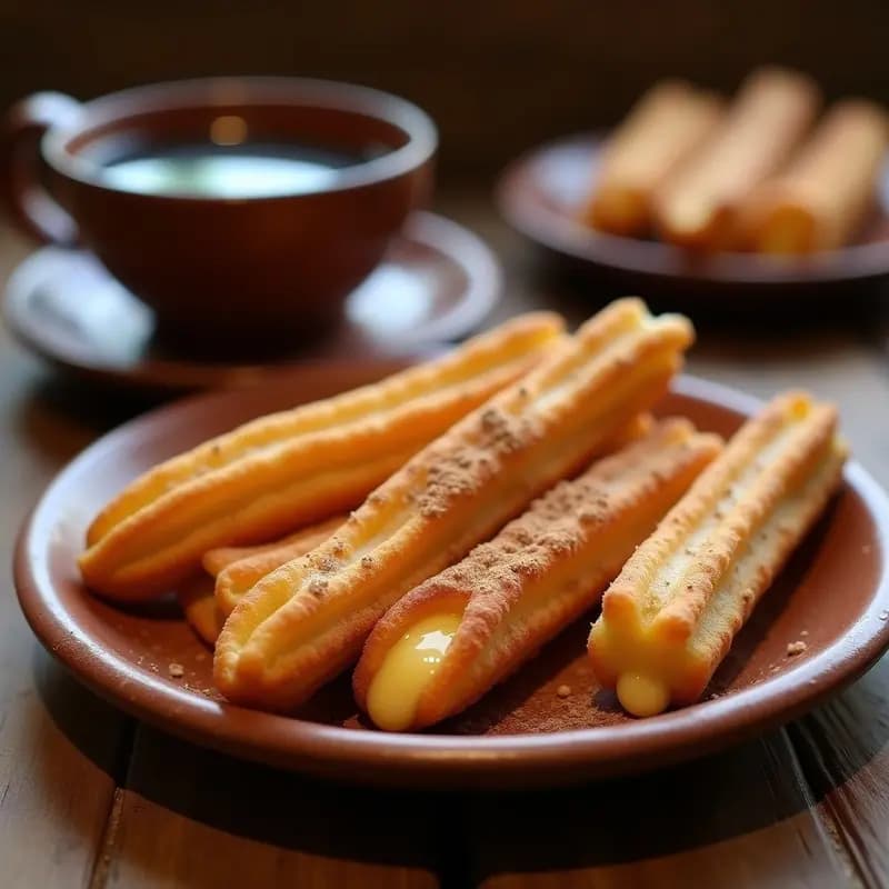 Churros dorados y crujientes de masarepa rellenos de queso requesón, espolvoreados con azúcar panela y canela, servidos en un plato de barro con fondo borroso de cocina tradicional colombiana.
