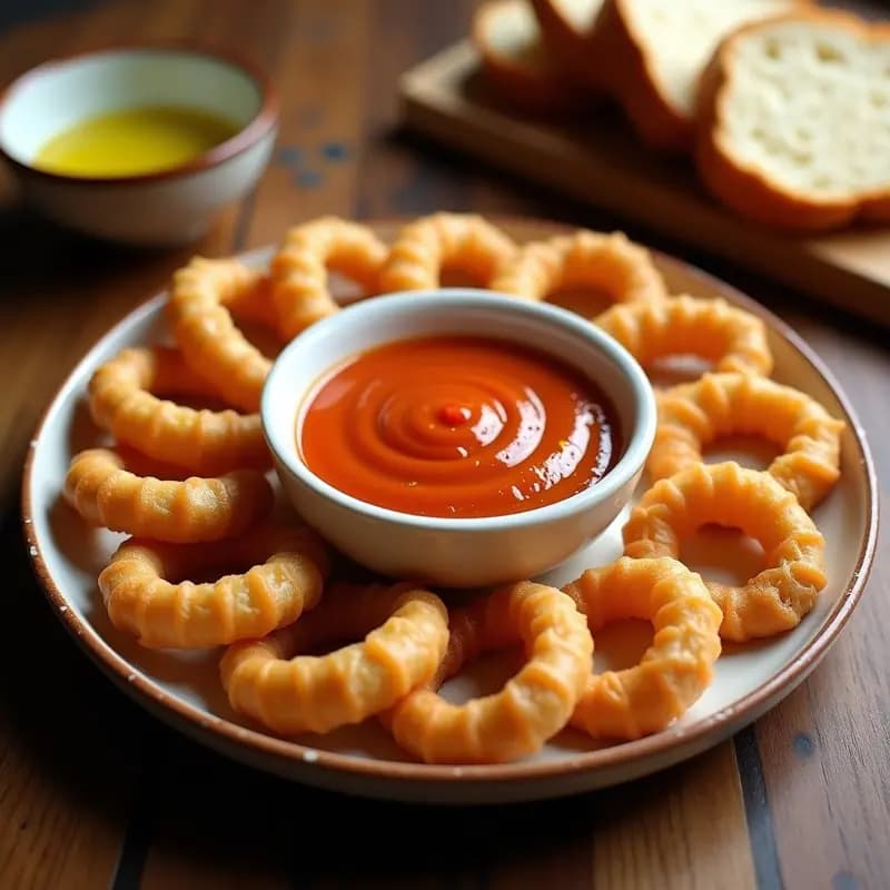 Plato rústico de cerámica con churros dorados y crujientes acompañados de un bol de porra antequerana cremosa, decorado con un chorrito de aceite de oliva virgen extra. Desayuno tradicional andaluz con salsa de tomate y pan.