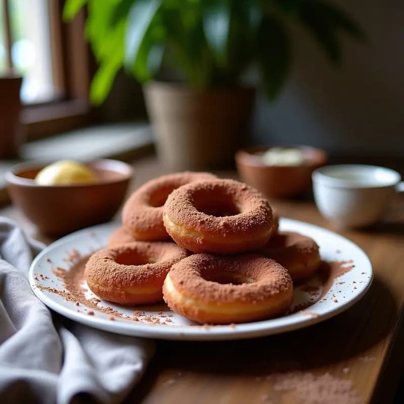 Churros dorados y crujientes de quinoa y cacao dispuestos en una bandeja de madera, espolvoreados con cacao en polvo y almendras fileteadas, sobre un fondo rústico con una taza de chocolate caliente.