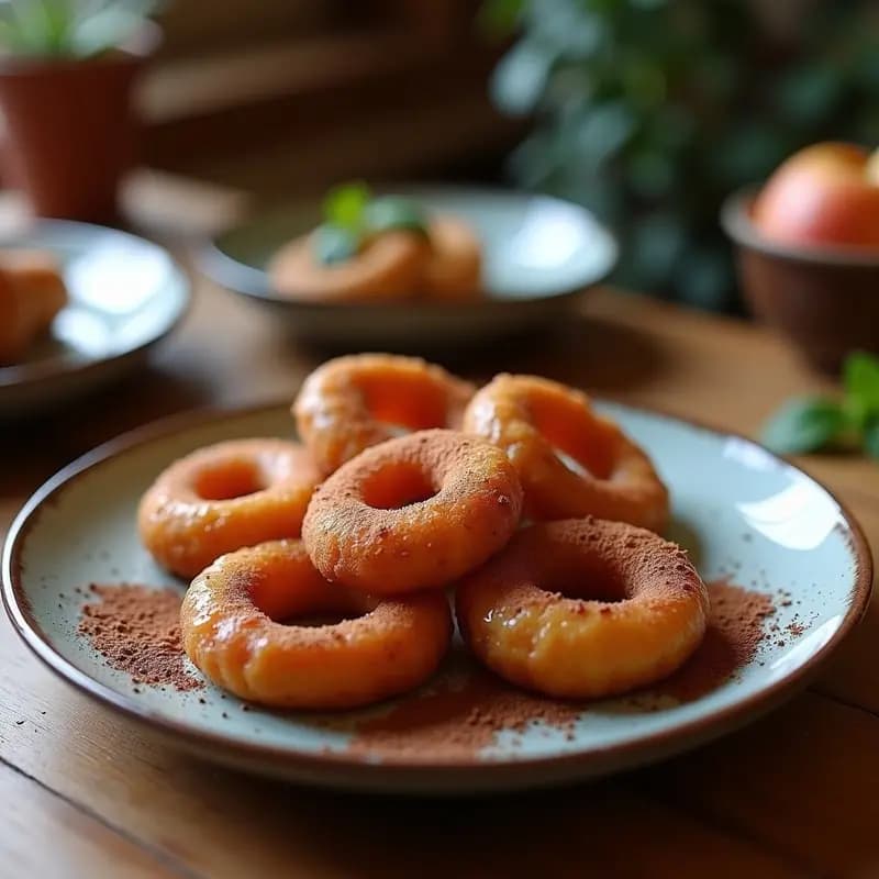 Churros dorados de quinoa y cacao veganos sobre papel de horno, espolvoreados con azúcar de coco y canela, con textura crujiente por fuera y esponjosa por dentro. Acompañados de una taza de chocolate caliente vegetal en un fondo rústico.