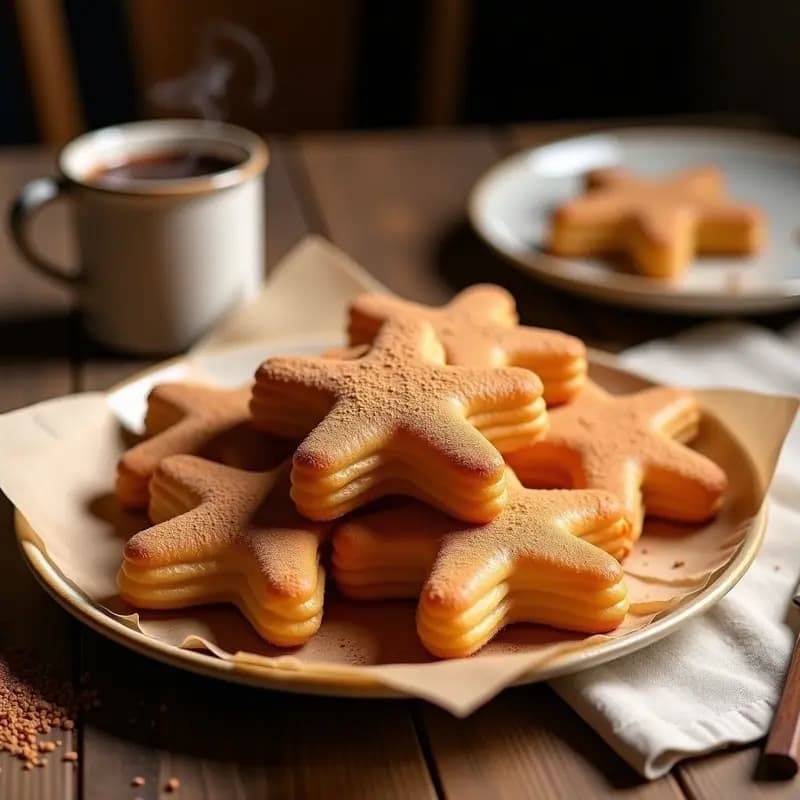 Churros dorados y crujientes de quinoa y canela, dispuestos en forma de estrella sobre papel de hornear. Espolvoreados con canela en polvo, con un fondo rústico de madera y una taza de chocolate caliente al lado. Receta de desayuno mexicano sin gluten y alto en proteína.