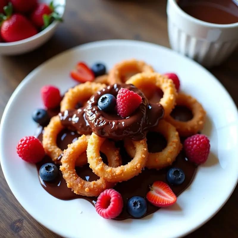 Plato blanco con churros de quinoa dorados y esponjosos, bañados en salsa de chocolate negro brillante y decorados con frutos rojos frescos y semillas de chía. Desayuno fitness sin fritura, saludable y apto para veganos.