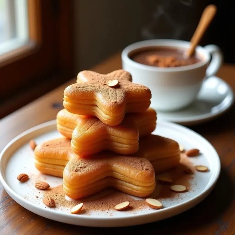 Churros dorados y crujientes de quinoa apilados en un plato de cerámica blanca, espolvoreados con canela y almendras fileteadas, acompañados de una taza humeante de chocolate caliente especiado sobre una mesa de madera rústica. Receta de churros de quinoa con chocolate caliente, postre colombiano keto y sin harina.