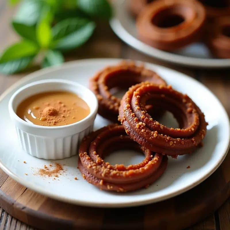 Churros dorados y esponjosos de quinoa y chocolate 70% dispuestos en un plato rústico de cerámica, acompañados de un bol pequeño con salsa de lúcuma cremosa y un toque de canela espolvoreada. Snack peruano sin harina tradicional, ideal para servir en meriendas saludables.