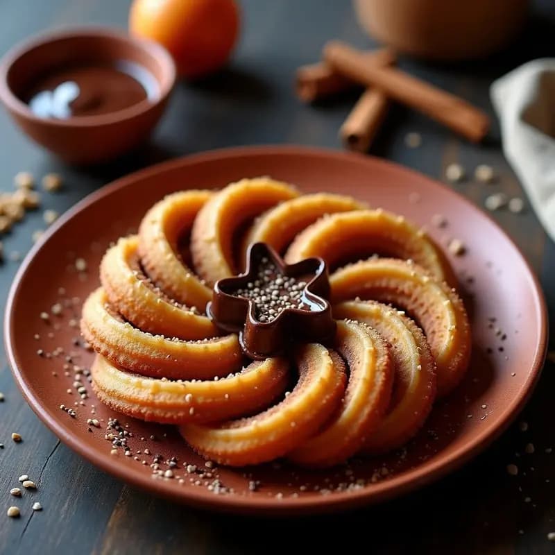 Churros dorados y crujientes de quinoa y chocolate negro 85%, decorados con semillas de chía y canela. Desayuno peruano keto sin gluten, servidos en un plato rústico de barro con fondo de madera oscura.
