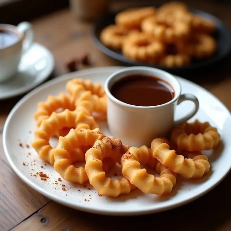 Churros dorados y crujientes de quinoa con textura esponjosa por dentro, servidos en un plato blanco rústico junto a una taza de chocolate oscuro fundido brillante. Decorados con un espolvoreado de canela y virutas de almendra, sobre un fondo de madera clara con detalles de desayuno español tradicional.