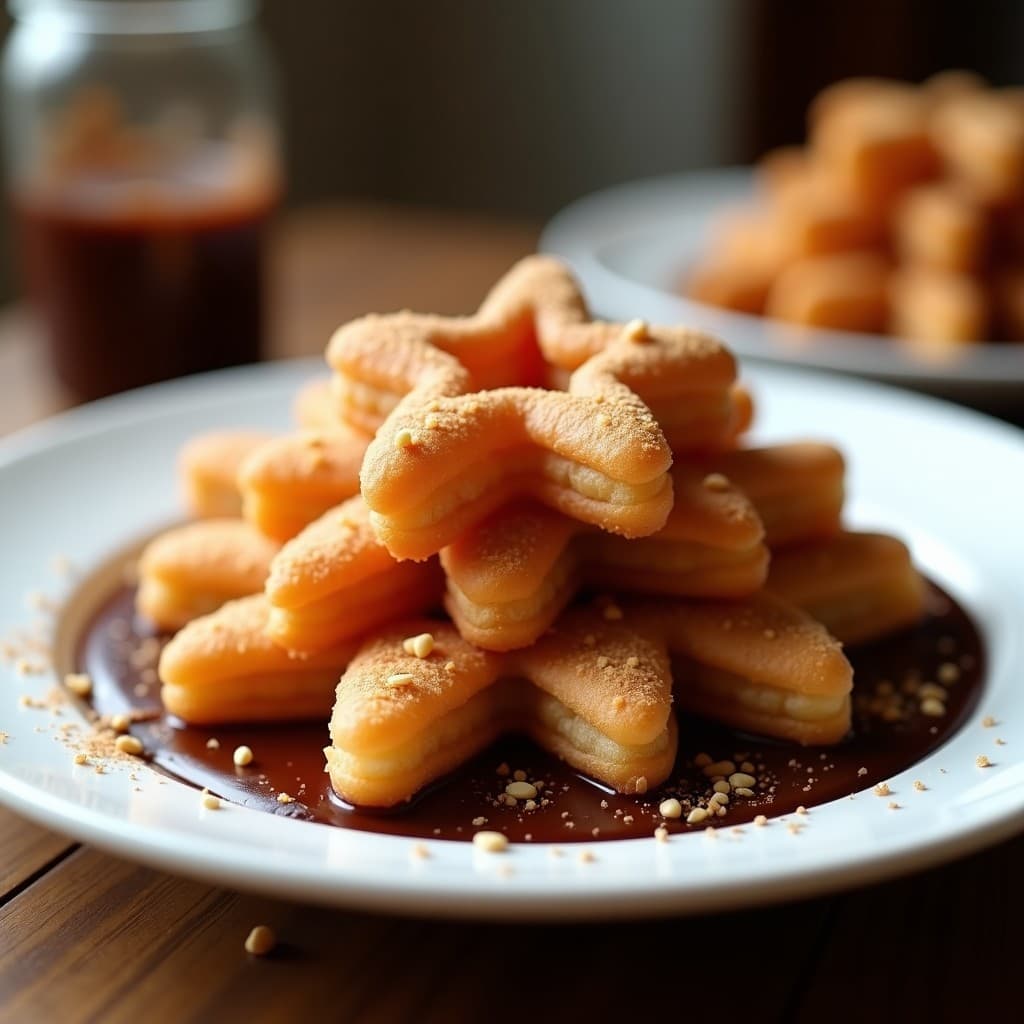 Churros dorados y crujientes de quinoa con textura estriada, servidos en un plato blanco con una salsa espesa de chocolate 100% cacao brillante. Decorados con un toque de canela en polvo y quinoa inflada. Postre sin gluten y alta en proteína.