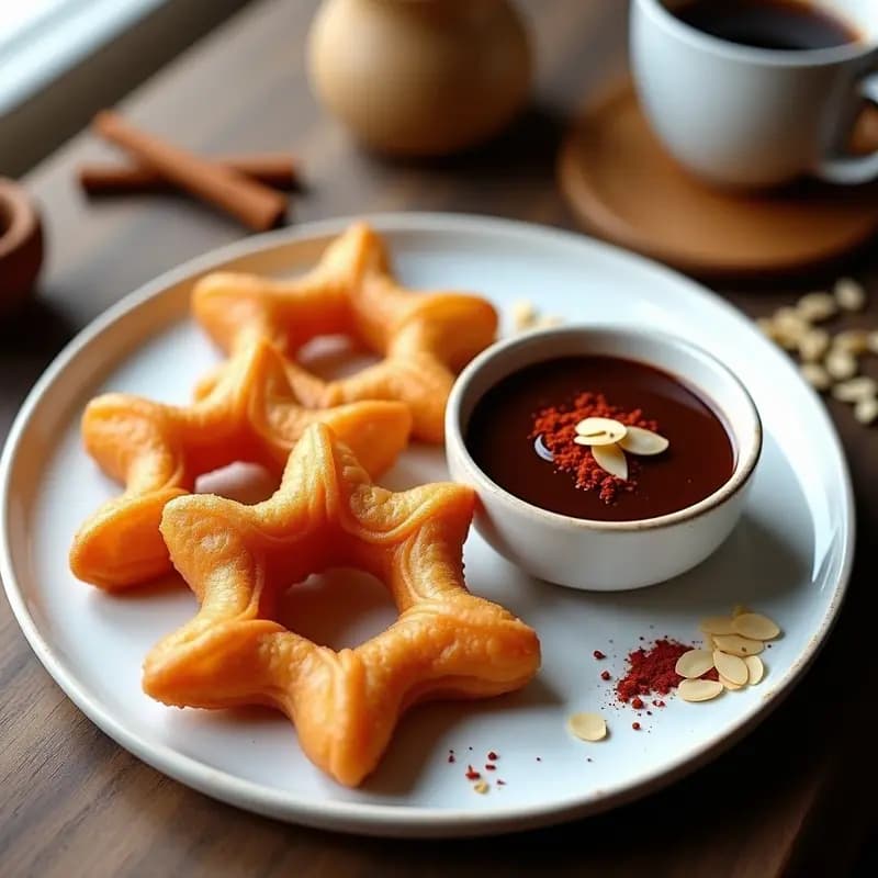 Churros dorados de quinoa con textura esponjosa, dispuestos en un plato rústico de barro, acompañados de una salsa oscura y brillante de chocolate y chili, espolvoreados con canela y semillas de chía, sobre un fondo de mesa de madera con elementos mexicanos.