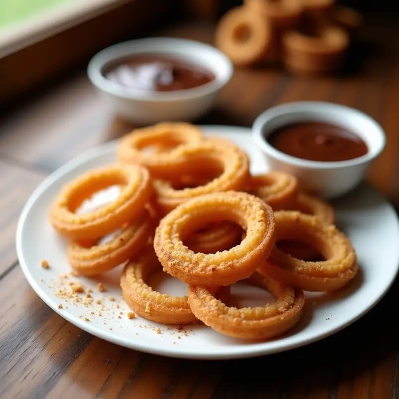 Churros dorados y esponjosos hechos con quinoa, dispuestos en un plato blanco rústico, acompañados de una salsa de chocolate 100% negro brillante en un cuenco pequeño. Espolvoreados con canela y virutas de chocolate, sobre un fondo de madera oscura con detalles de almendras fileteadas.