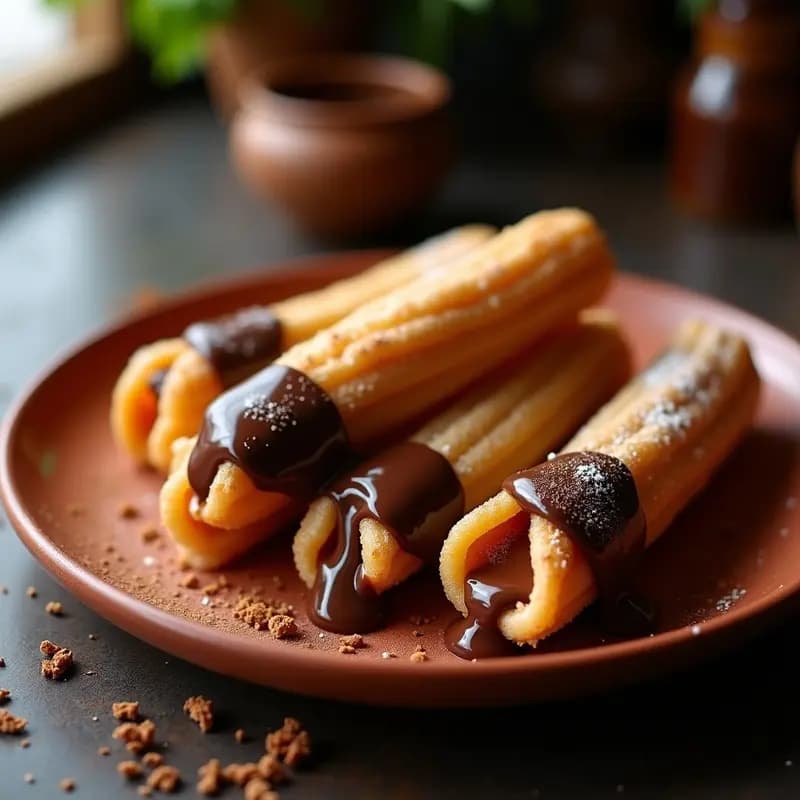 Churros dorados y crujientes rellenos de cajeta espesa, bañados en chocolate con leche fundido y espolvoreados con azúcar glass y canela, servidos en un plato rústico de barro con fondo oscuro.