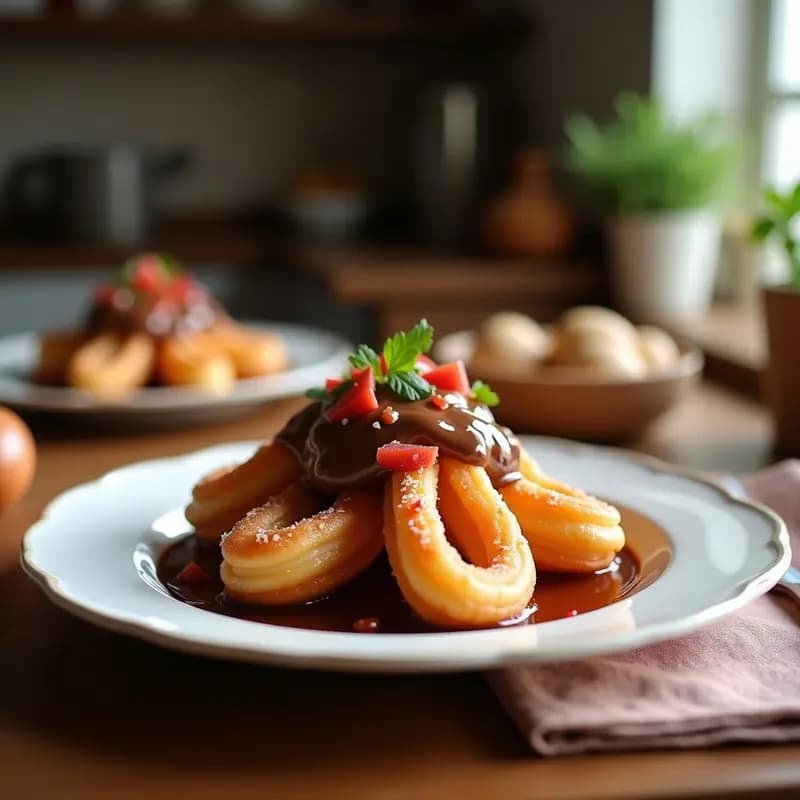 Churros dorados y crujientes rellenos de chocolate fundente, bañados en caramelo salado brillante con escamas de sal gruesa, servidos en un plato rústico con fondo difuminado. Receta española de churros rellenos de chocolate y bañados en caramelo salado.