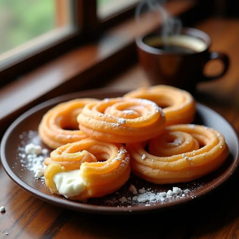 Churros venezolanos dorados y crujientes en forma de espiral, rellenos de queso blanco cremoso, espolvoreados con azúcar glass sobre un plato de barro rústico, acompañados de una taza de café negro humeante. Desayuno dulce y salado frito tradicional.