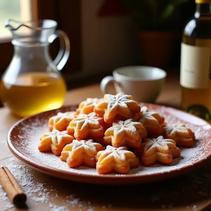 Plato de churros de vino dorados y crujientes, espolvoreados generosamente con azúcar y canela, servidos en un plato de barro tradicional aragonés, con fondo de cocina rústica.