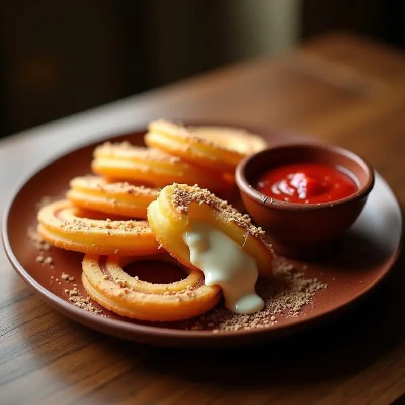 Churros venezolanos de yuca dorados y crujientes, rellenos de queso derretido, servidos en un plato rústico con salsa de guayaba espesa y brillante al lado. Textura esponjosa por dentro y superficie estriada gracias a la boquilla de estrella.