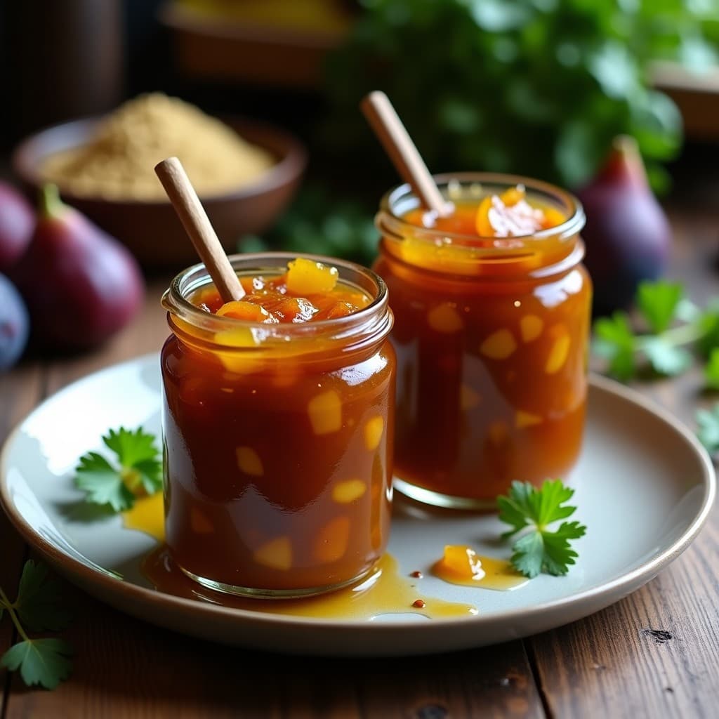 Bol de cerámica blanca con chutney de higo y jengibre de color marrón dorado, textura espesa y trocitos de higo visibles, decorado con hojas de cilantro fresco. Fondo rústico con especias y higos enteros.