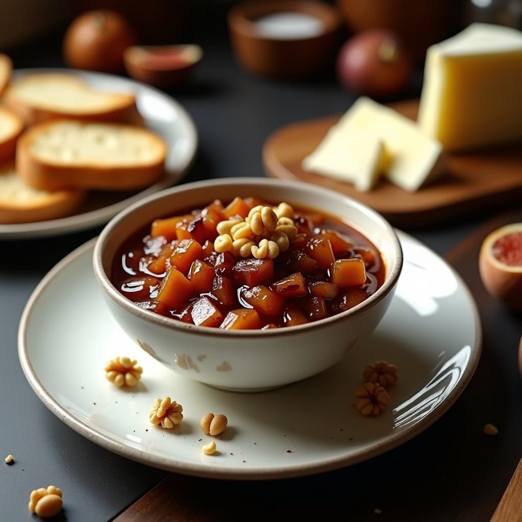 Chutney de higos y cebolla caramelizada con vinagre balsámico en un bol de cerámica blanca, con trozos de higos dorados y cebolla brillante, rodeado de nueces picadas y una cuchara de madera. Fondo borroso con tostadas y queso de cabra.