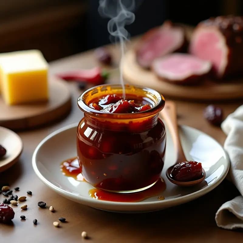 Frasco de vidrio transparente lleno de chutney de tamarindo y dátiles, con textura brillante y trocitos de dátil visibles, acompañado de una cuchara de madera y rodajas de queso curado sobre una tabla de madera rústica.