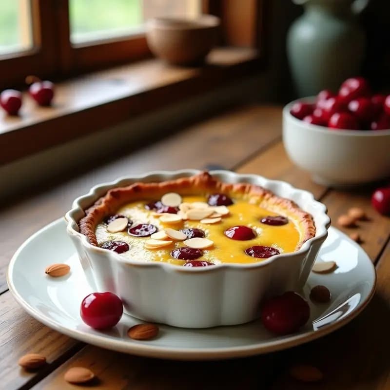 Clafoutis dorado de cerezas y almendras con leche de cúrcuma, postre francés vegano y antiinflamatorio, servido en plato blanco con almendras tostadas y un hilo de sirope de arce.
