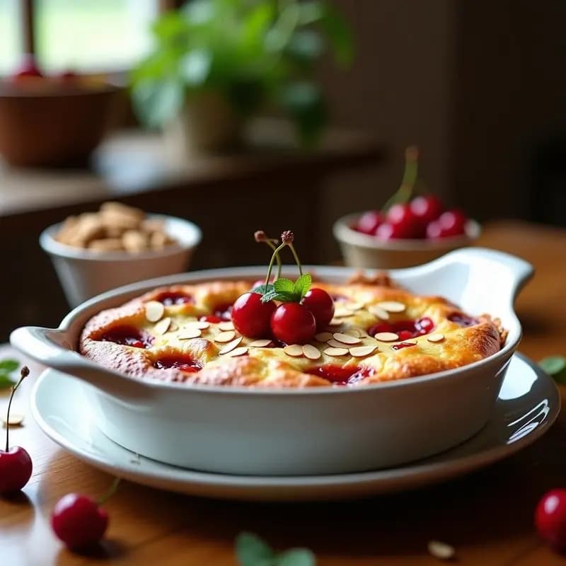 Clafoutis de cerezas y almendras sin gluten recién horneado, con superficie dorada y almendras fileteadas tostadas, servido en un plato de cerámica blanca con cerezas frescas al lado.