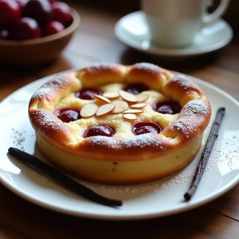 Clafoutis de cerezas y almendras con toque de vainilla en molde redondo dorado, con cerezas jugosas asomando entre una masa esponjosa y almendras fileteadas tostadas por encima. Postre francés sin harina, servido en plato blanco con fondo rústico.