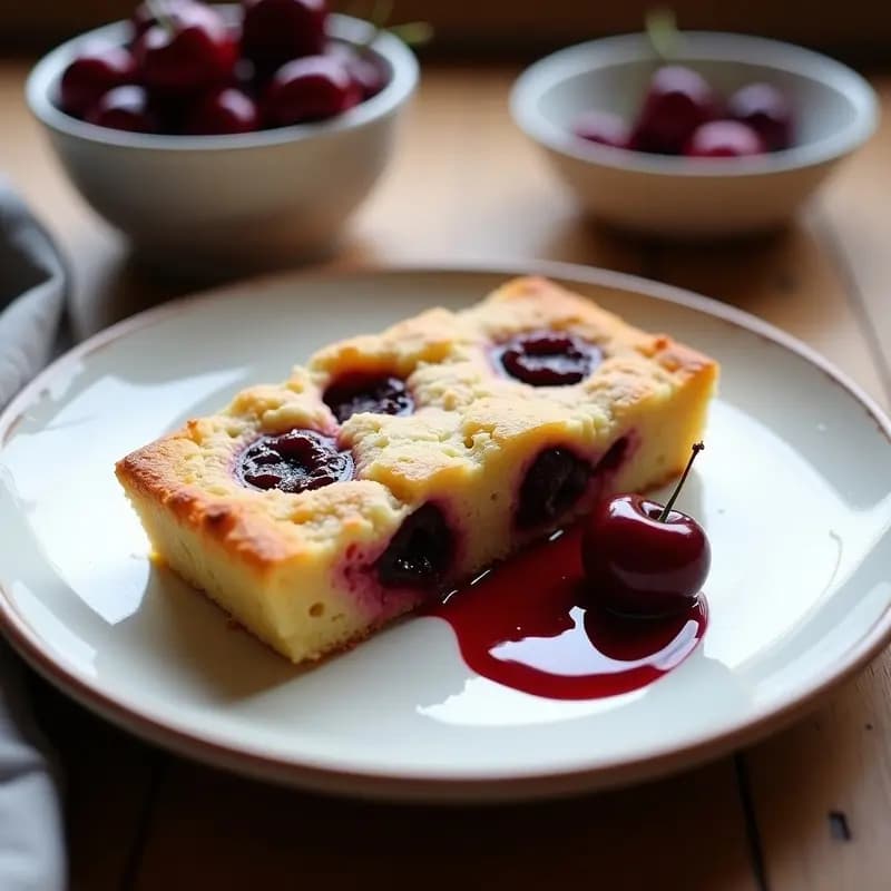 Clafoutis de cerezas y amaranto sin harina rebanado en un plato blanco rústico, con cerezas frescas deshuesadas asomando entre la textura esponjosa dorada. Acompañado de un coulis de frutos rojos y espolvoreado con amaranto inflado. Postre francés saludable y alto en fibra.