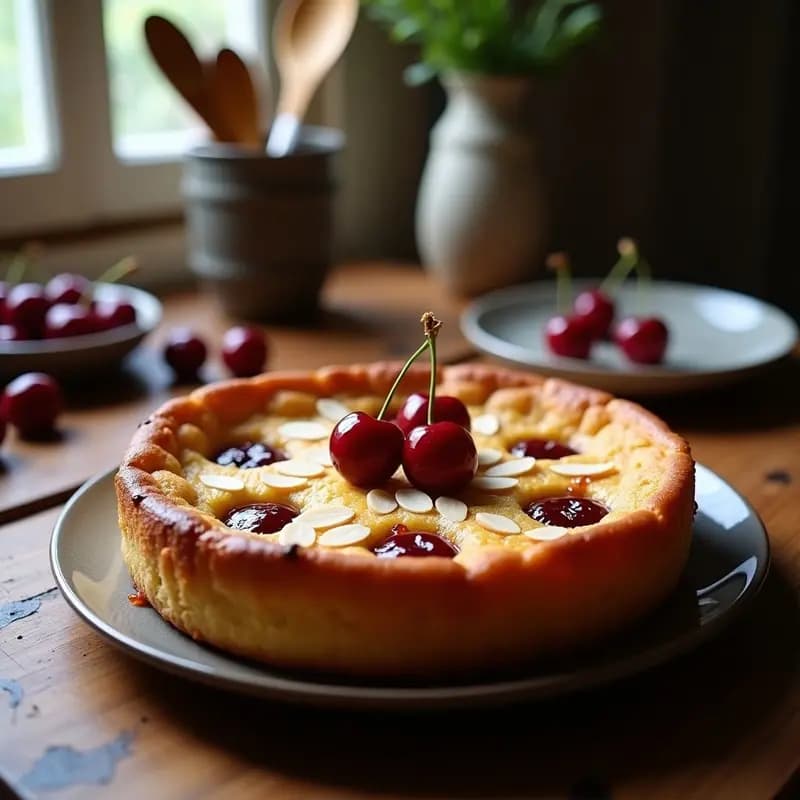 Clafoutis de cerezas y amaretto sin gluten en molde redondo, dorado por encima con almendras fileteadas, cerezas visibles en la superficie y un toque de brillo por el licor. Postre francés con esencia italiana, servido en porción con fondo borroso de cocina rústica.