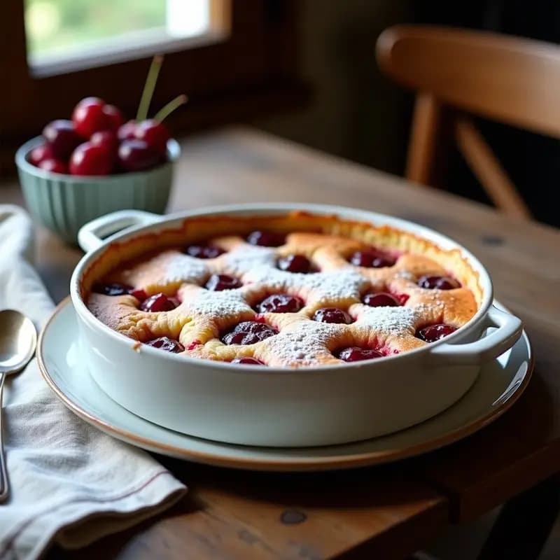 Clafoutis de cerezas y harina de almendra dorado en molde de cerámica blanca, con cerezas visibles en la superficie y un toque de azúcar glass sin gluten espolvoreado. Postre francés sin lactosa y sin gluten sobre mesa de madera rústica con servilleta de lino.