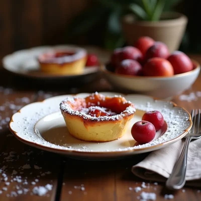 Clafoutis francés sin gluten en molde individual, con ciruelas doradas y almendras laminadas tostadas, servido sobre plato de cerámica blanca con fondo rústico de madera.