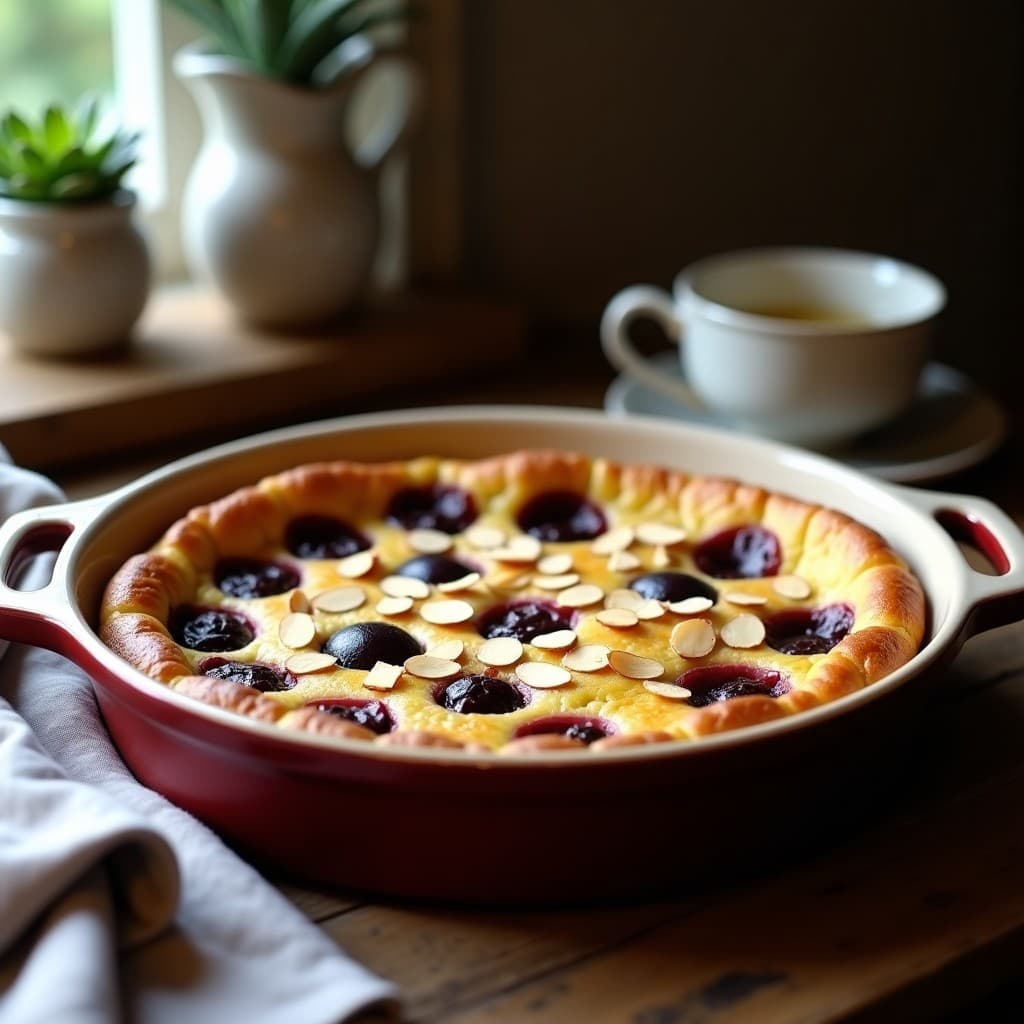 Clafoutis dorado de ciruelas negras y cardamomo sin harina en molde de cerámica, con ciruelas jugosas asomando entre una masa esponjosa y almendras fileteadas tostadas. Postre francés keto y sin gluten servido en mesa rústica con fondo borroso de cocina.