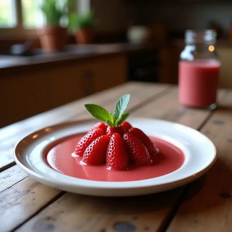 Clérêt francés en copa de cristal con capas de gelatina de agua de rosas transparente y clérêt esponjoso de fresas, decorado con hojas de albahaca fresca, pistachos fileteados y flores comestibles.