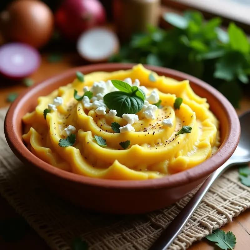 Plato tradicional peruano de Cli de Papa: puré cremoso de papa amarilla mezclado con queso fresco desmenuzado, decorado con hojas verdes de huacatay fresco y un toque de ají amarillo, servido en un bowl de barro rústico.