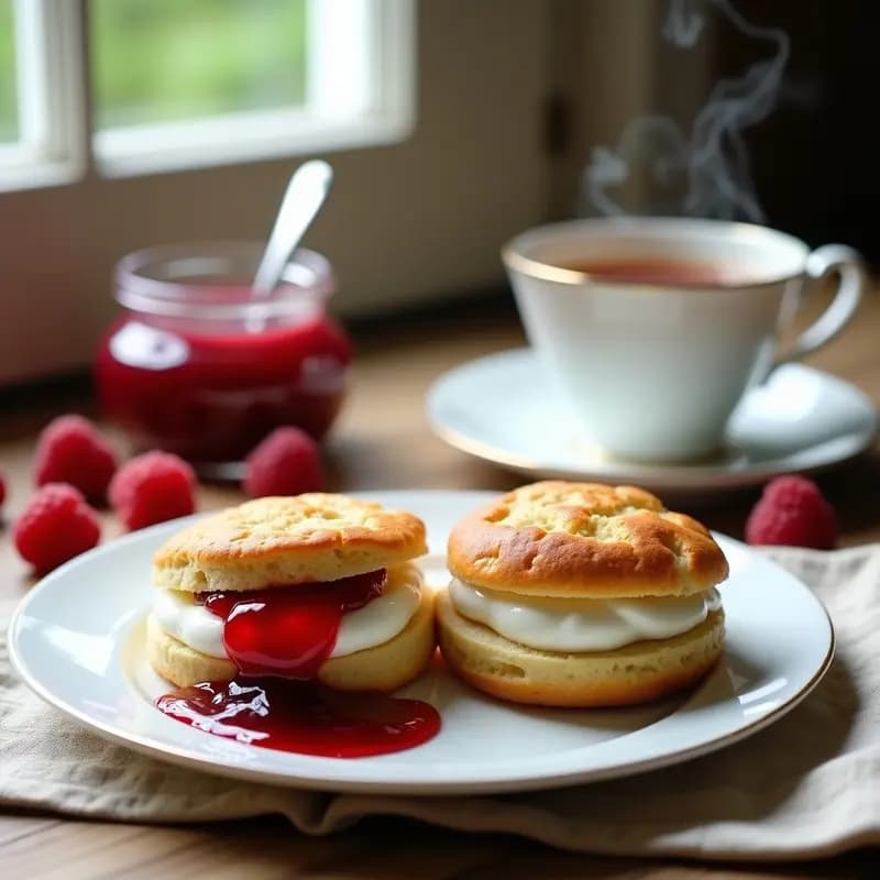 Plato de porcelana blanca con scones dorados cortados por la mitad, rellenos de clotted cream espeso y mermelada de frambuesa brillante, acompañado de una taza de té humeante sobre un mantel de lino beige. Merienda británica tradicional.