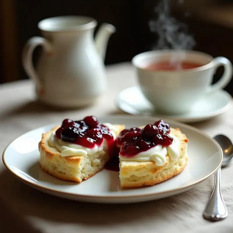 Plato de porcelana blanca con scones dorados abiertos, rellenos de clotted cream espesa y mermelada de frambuesa y arándanos, desayuno británico tradicional sobre mantel de lino beige.