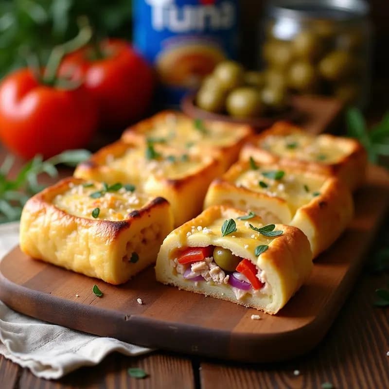 Coca de patata y atún recién horneada, dorada y crujiente, cortada en porciones cuadradas sobre una tabla de madera rústica. Se aprecian capas de puré de patata esponjoso relleno de atún, cebolla morada, pimiento rojo y aceitunas, con un toque de queso fundido. Ideal como receta catalana para llevar.