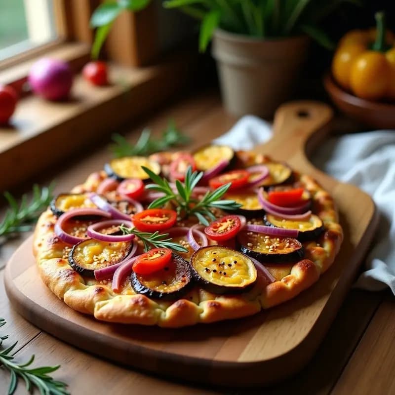 Coca de Recapte Catalana recién horneada con verduras de temporada asadas: berenjena, calabacín, pimiento y cebolla sobre una base de pan crujiente. Espolvoreada con semillas de sésamo y romero, servida en una tabla de madera rústica.