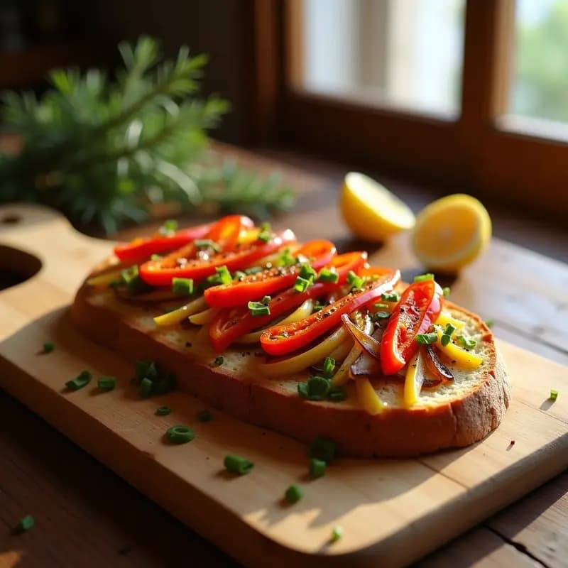 Coca de verduras catalana horneada con pimientos asados rojos y verdes, cebolla caramelizada y filetes de anchoas dispuestos en cruz sobre una base de pan dorado y esponjoso.