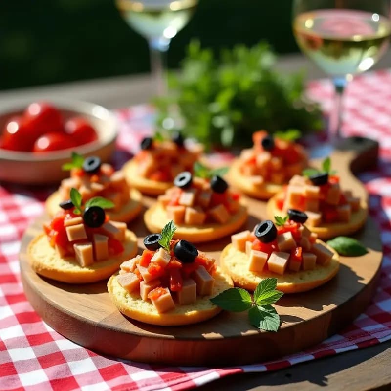Bandeja de madera con cocas de patata doradas y crujientes, rellenas de una mezcla de atún, pimientos asados y aceitunas, dispuestas para un picnic al aire libre. Receta catalana fácil y tradicional.