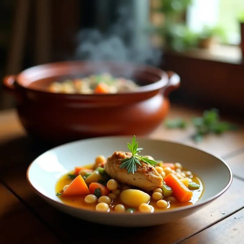 Olla de barro humeante con cocido de garbanzos y trozos de gallina, zanahoria, patata y puerro, servido en plato hondo de cerámica blanca, receta tradicional española para días fríos.