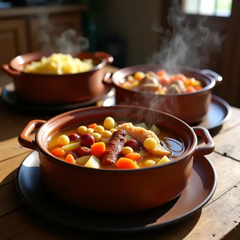 Mesa rústica con tres ollas de barro: una con sopa de fideos dorados, otra con garbanzos y verduras, y la tercera con carnes y embutidos del cocido madrileño tradicional. Plato típico español para fines de semana.