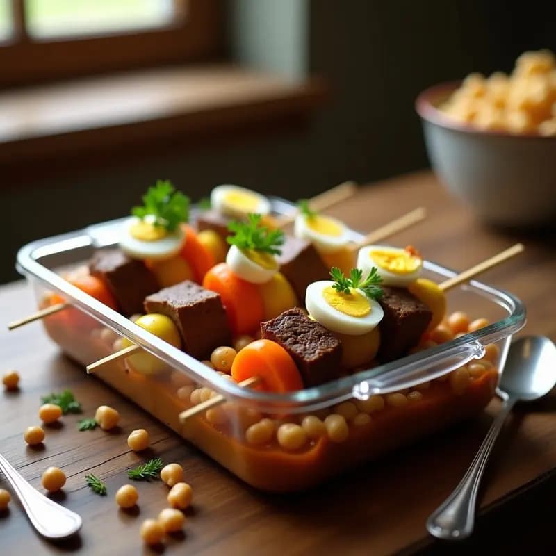 Brochetas de cocido madrileño desmenuzado con trozos de carne, garbanzos, patata, zanahoria, huevo duro y aceitunas, dispuestas en un tupper de cristal sobre fondo rústico de madera.