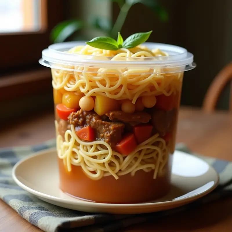 Tupper transparente con cocido madrileño desmontado en capas: base de repollo, garbanzos, patatas, zanahorias, carnes desmenuzadas y fideos finos en la parte superior, listo para llevar.