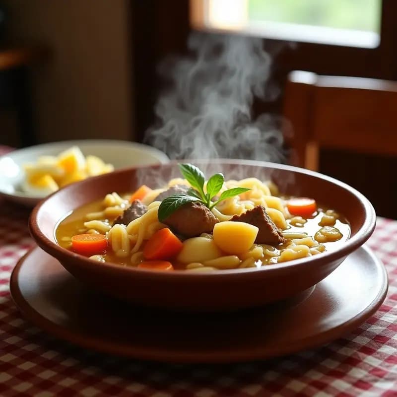 Plato hondo de barro con Cocido Madrileño Light: caldo dorado con fideos integrales, trozos de pechuga de pollo, ternera magra, zanahorias, patatas y repollo. Acompañado de huevo duro picado y servido en tres vuelcos tradicionales.