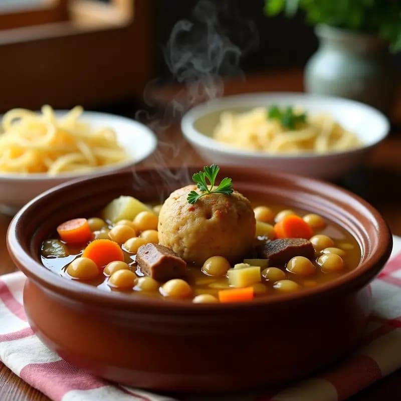 Plato hondo de barro con cocido madrileño en versión mini: garbanzos dorados, trozos de carne, patata, zanahoria y una pelota de pollo en el centro, bañados en un caldo espeso y aromático. Fideos finos aparte en un cuenco pequeño. Decorado con perejil fresco picado.