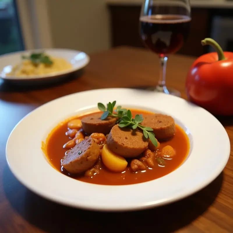 Plato hondo de barro con Cocido Madrileño en versión mini para 2 personas, mostrando garbanzos, patatas, zanahoria, repollo, trozos de pollo, morcilla, chorizo y huevo duro, bañados en caldo dorado.