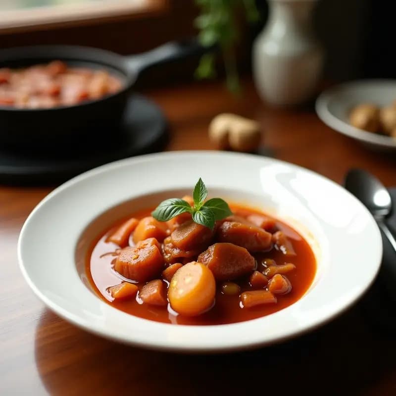 Plato tradicional de cocido madrileño en olla exprés, servido en tres vuelcos: sopa con fideos gruesos, garbanzos con zanahoria y patata, y fuente de carnes (ternera, pollo, chorizo y morcilla) troceadas, sobre fondo rústico de madera.