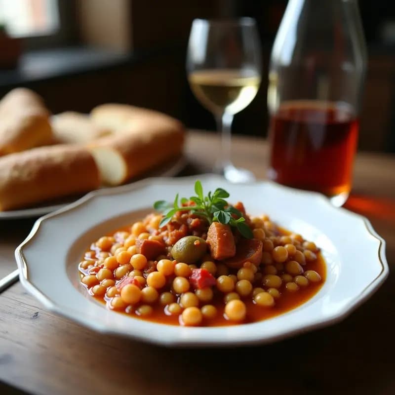 Plato hondo de barro con cocido madrileño en olla rápida: garbanzos dorados, trozos de carne desmenuzada, morcilla, chorizo, patatas, zanahorias y repollo, servido en tres vuelcos con sopa de fideos al lado.