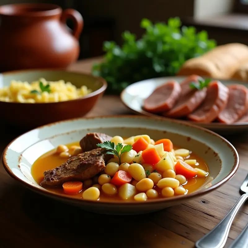 Plato tradicional de cocido madrileño en tres vuelcos servido en olla a presión: sopa de fideos humeante, garbanzos con verduras y fuente de carnes con chorizo, huevo duro y repollo. Receta rápida y casera.