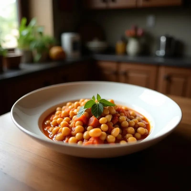Plato hondo de barro con cocido maragato tradicional: caldo dorado con fideos, garbanzos tiernos, repollo, zanahorias y trozos de morcilla de cebolla y costillas de cerdo, servido en tres vuelcos sobre mesa rústica de madera.