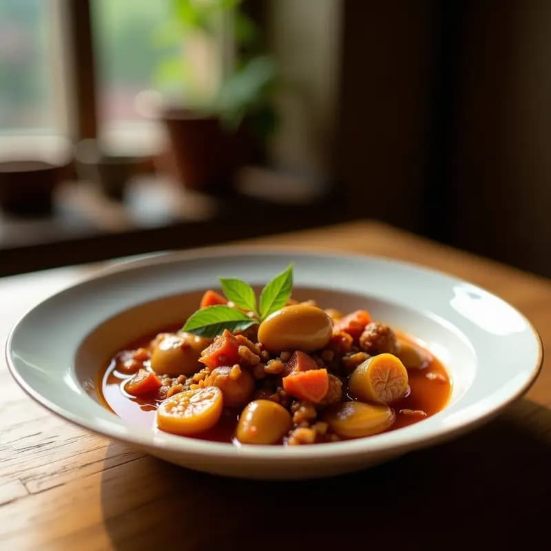 Plato hondo de barro con Cocido Montañés con Fabes y Compango: fabes blancas grandes, rodajas de chorizo, morcilla entera, patatas, zanahorias y trozos de costilla, bañados en un caldo dorado y espeso. Ambiente rústico con pan y vino tinto al fondo.