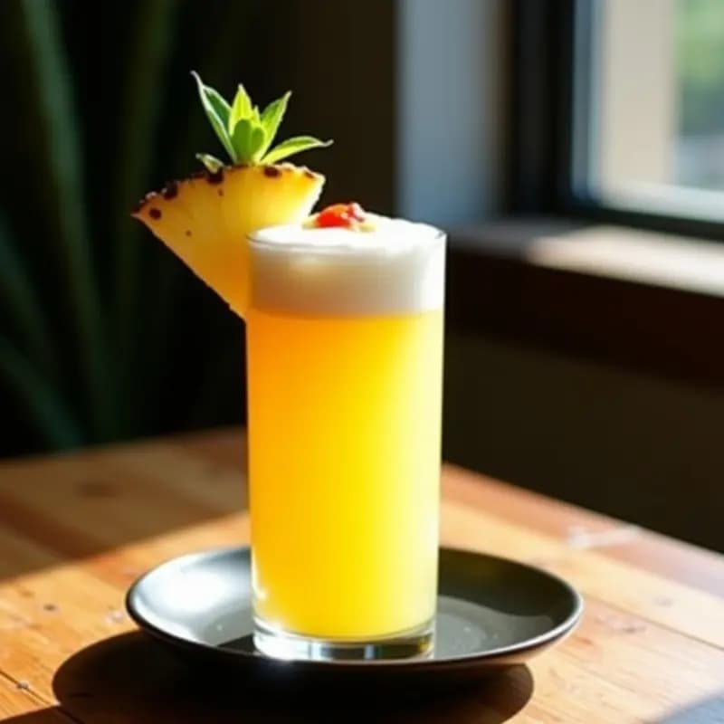 Cocktail de piña y jengibre servido en vaso alto transparente con espuma blanca de chili y limón en la parte superior, decorado con rodaja de piña y hoja de menta. Fondos borrosos con tonos tropicales.